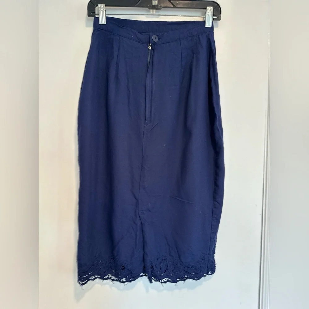 VTG 80s Hibis SzM Navy blue Lightweight midi-length pencil skirt Eyelet lace hem